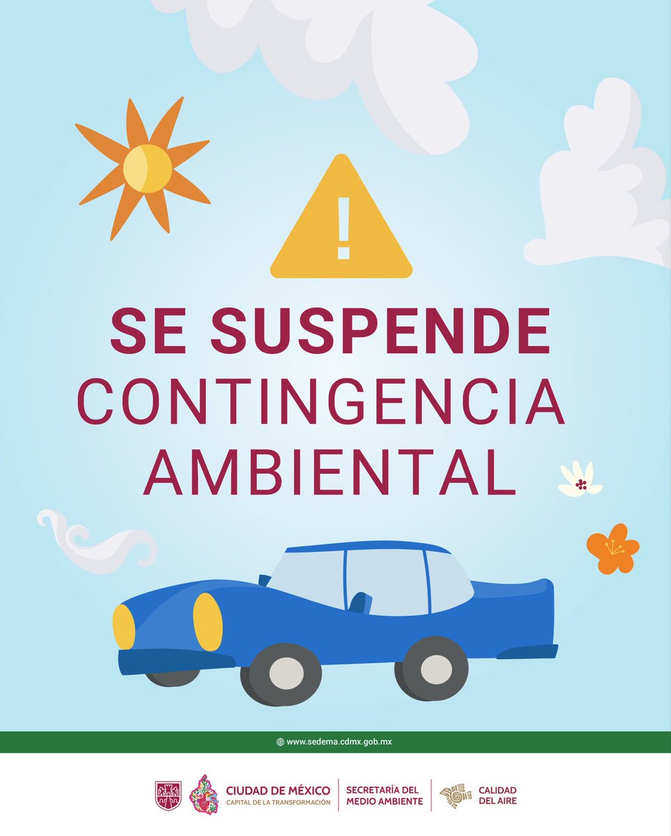 Se suspende la Fase I de Contingencia ambiental atmosférica por ozono en la ZMVM.

Más información:
gob.mx/comisionambien…