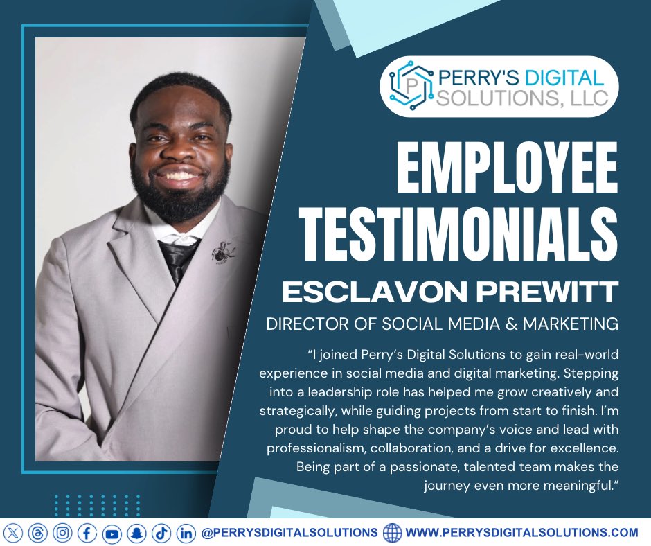 psdigitsolution's tweet photo. Spotlighting Esclavon Prewitt, Director of Social Media &amp; Marketing 📱 He leads with creativity and strategy, guiding projects from start to finish while shaping PDS’s digital voice.

#TeamPDS #DigitalExcellence #PerryDigitalSolutions https://t.co/OHAyEsfUe7