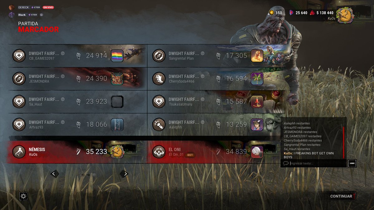 Que buena partida se aventó el bot con <a href="/DERECK_Studio/">DERECK_S</a> 
(Se me cerró el juego cuando estábamos jugando 2 vs 8 en dbd)