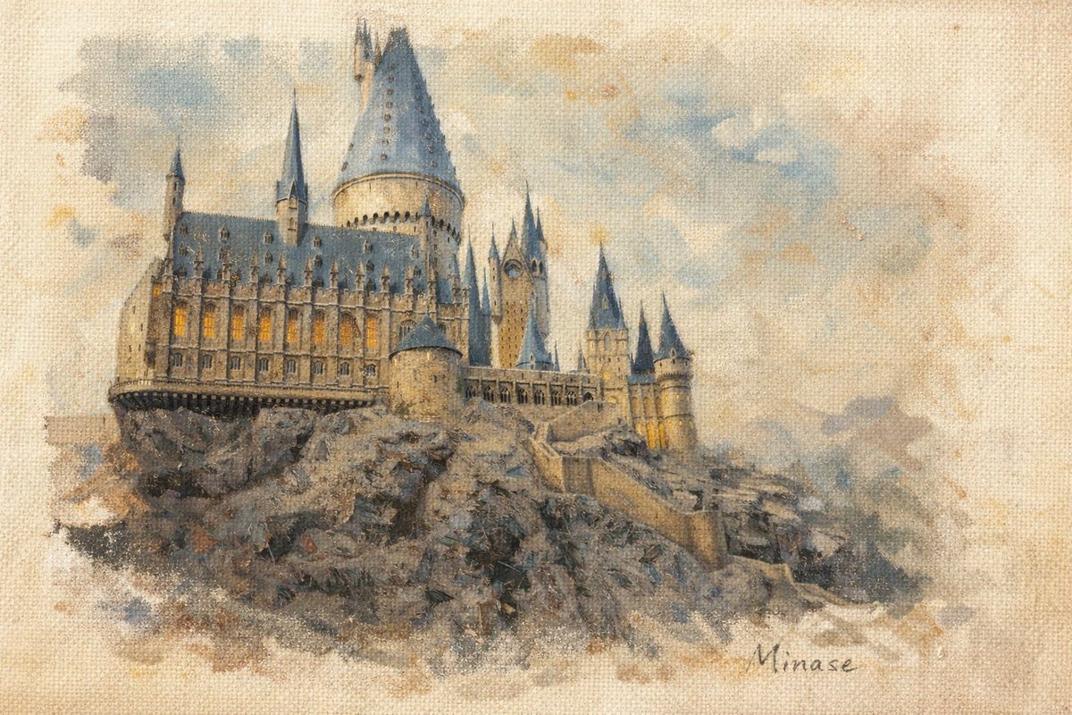 Minase_Short's tweet photo. Painted after visiting
Warner Bros. Studio Tour Tokyo – The Making of Harry Potter.
Not a finished illustration, but an oil sketch —
leaving brushstrokes, uneven paint, soft bleeding edges,
and the texture of the paper itself.
Inspired by the exhibition model of the castle,
captured imperfectly, on purpose.

#OilPainting
#HandPainted
#HarryPotter
#Hogwarts
#WarnerBrosStudioTourTokyo
#ArtInProgress