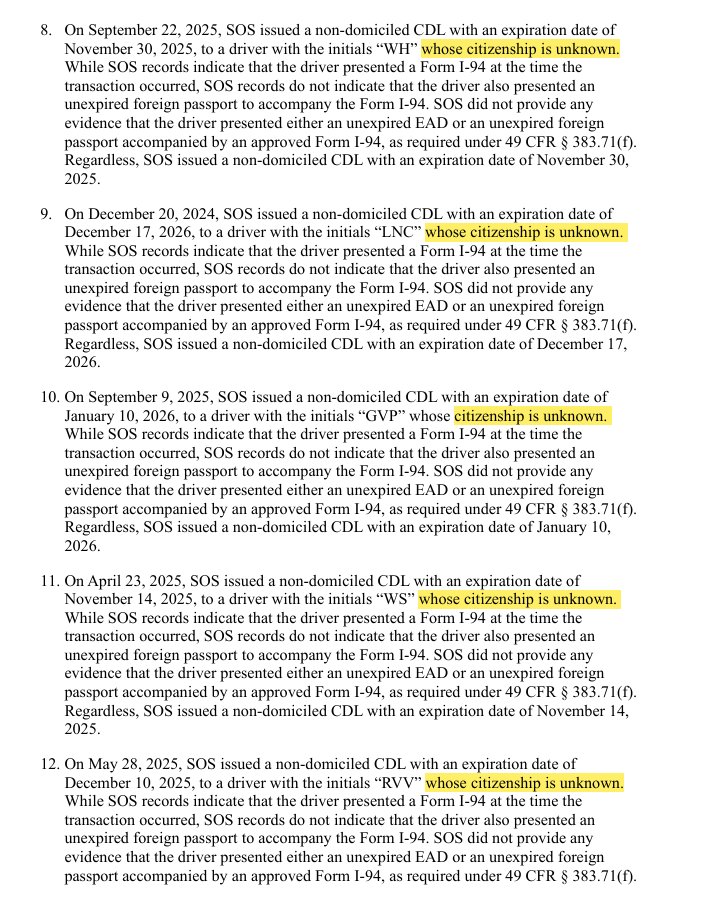 NEW: Department of Transportation audit of Illinois Secretary of State's office finds major noncompliance related to the issuance of non-domiciled commercial driver's licenses and learning permits. DOT found that Illinois Secretary of State's office has issued more than 10,000