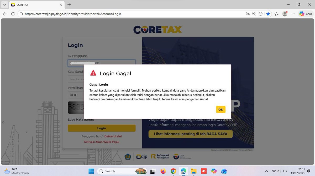 lala069741's tweet photo. Min @kring_pajak ko ini saya tidak bisa login badan dan impersonate. Muncul seperti gambar tersebut, padahal data sudah sesuai. Lupa kata sandi pun tetep ngga bisa min. Mohon dibantu ya min https://t.co/Fq4rXvlRXR