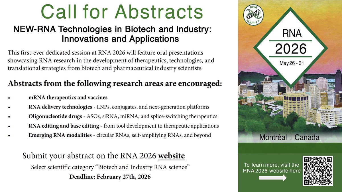 RNASociety's tweet photo. Call for Abstracts
NEW-RNA Technologies in Biotech and Industry:
Innovations and Applications
https://t.co/jhsH1DwVX9 https://t.co/lkp6yM9mBj