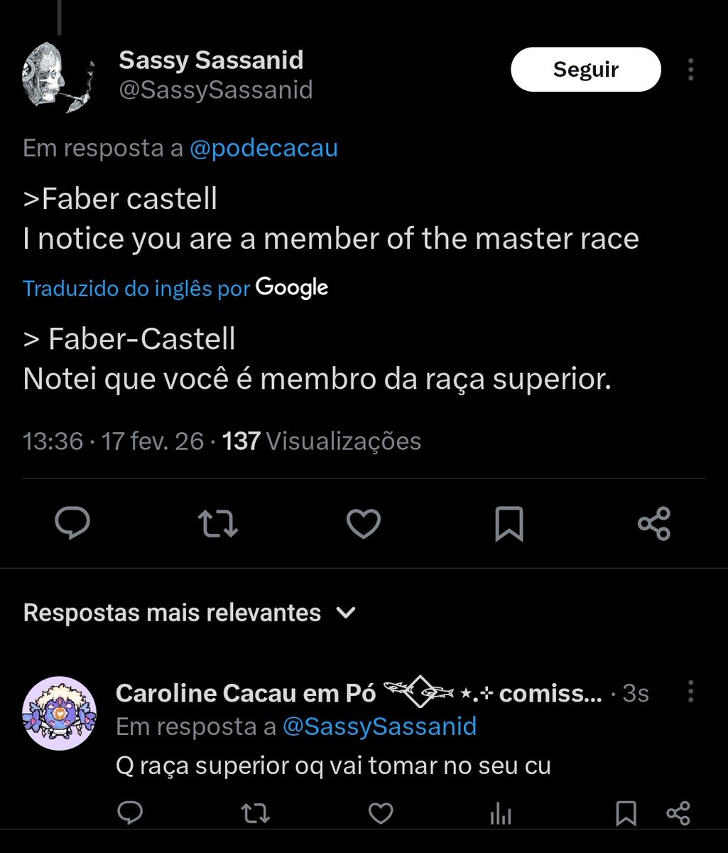 podecacau's tweet image. Mano eu atrai um racista só pq meus lápis são da Faber Castell vai se fude