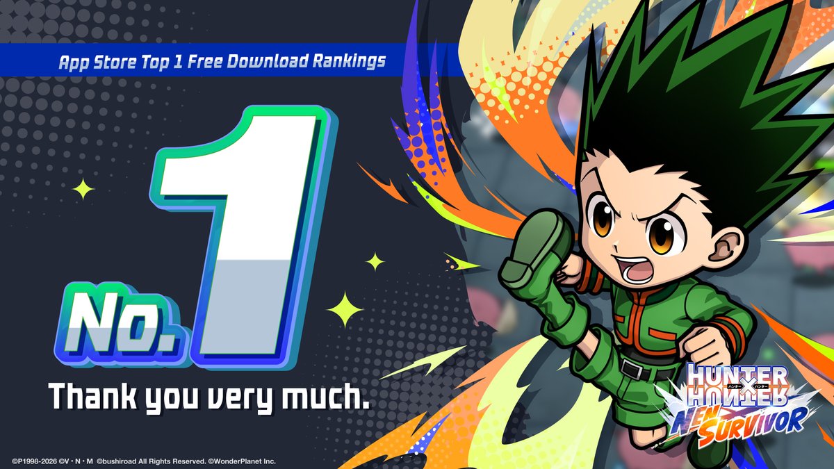 Survivor_HxH_GL's tweet photo. 『HUNTER×HUNTER NEN×SURVIVOR』 (#HxH_Survivor )
🏆✨ No.1 in Free Downloads ✨🏆

We've reached No.1 in the App Store's Free Downloads ranking!
Thank you so much for all your support!!

📷 Pre-download here
https://t.co/JYPHALn62J

It's finally... almost time for the opening! 🔥
Let's get hyped together! 💥