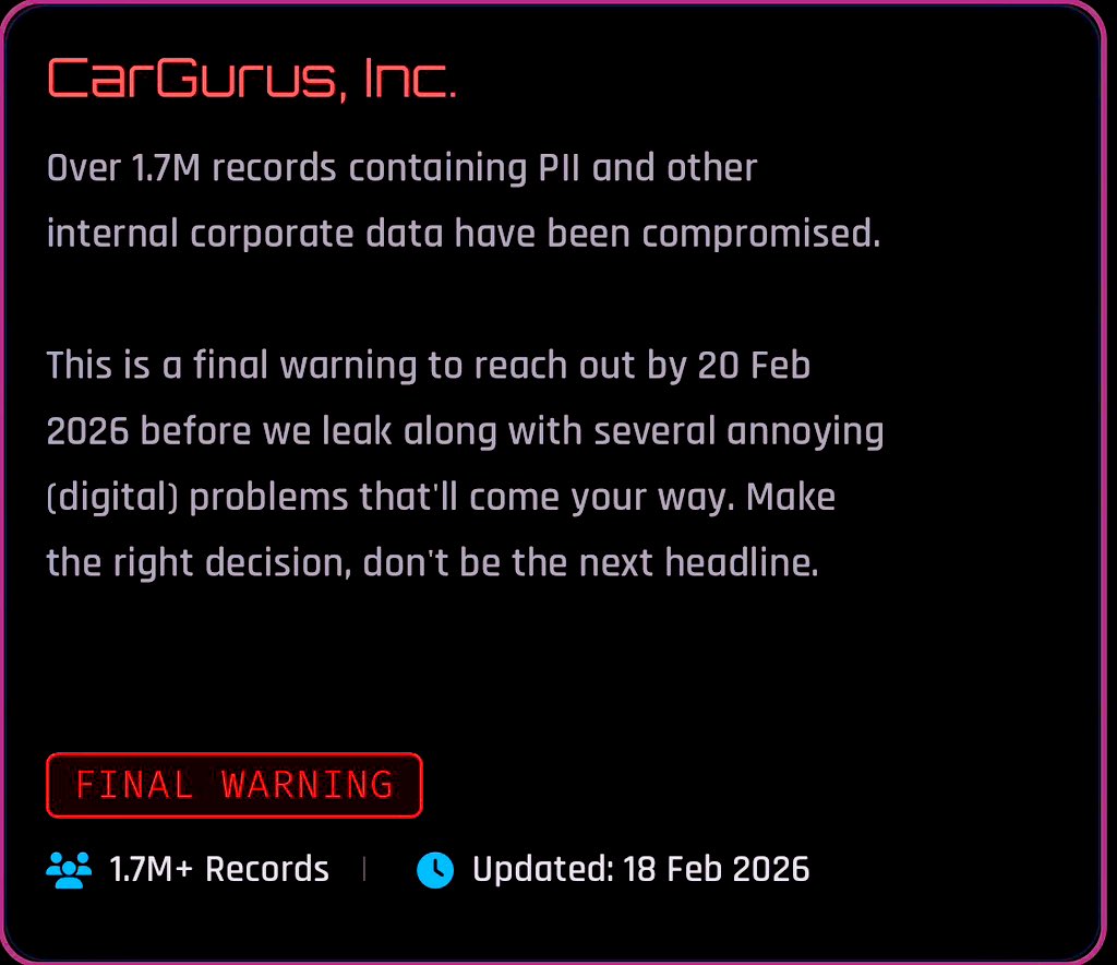 CarGurus have been breached by ShinyHunters 

Over 1.7 million records compromised