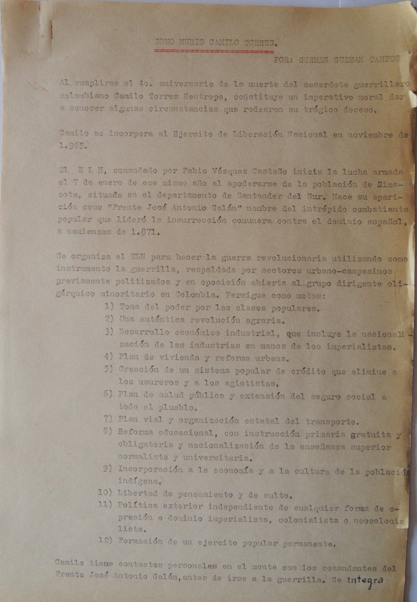 FerSpinozaM's tweet photo. 🧵Texto inédito "Cómo murió Camilo Torres" por Germán Guzmán Campos (1966) escrito en  4 aniversario de su muerte. El documento abre con la reconstrucción de los hechos. Desde el inicio busca fijar una versión detallada y cuestionar la información oficial difundida por la prensa https://t.co/OFYXtvlxy4
