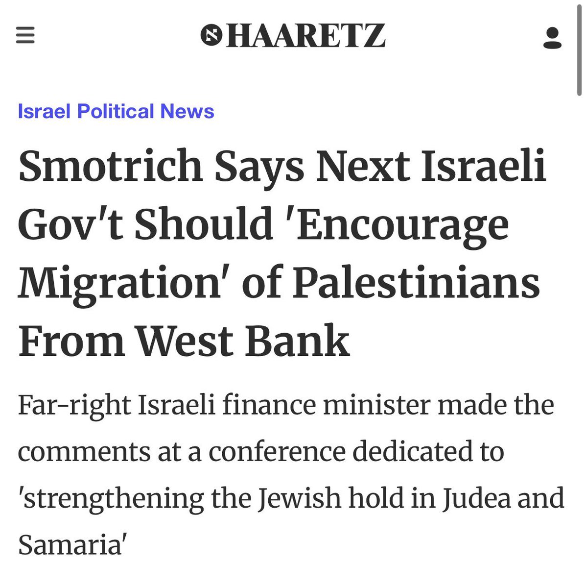 Smotrich just announced plans to abolish Oslo, dismantle the PA, and “encourage migration” of Palestinians from the West Bank. People should really take him at his word. He telegraphed all of this about a decade ago and has been remarkably effective at pushing it through.