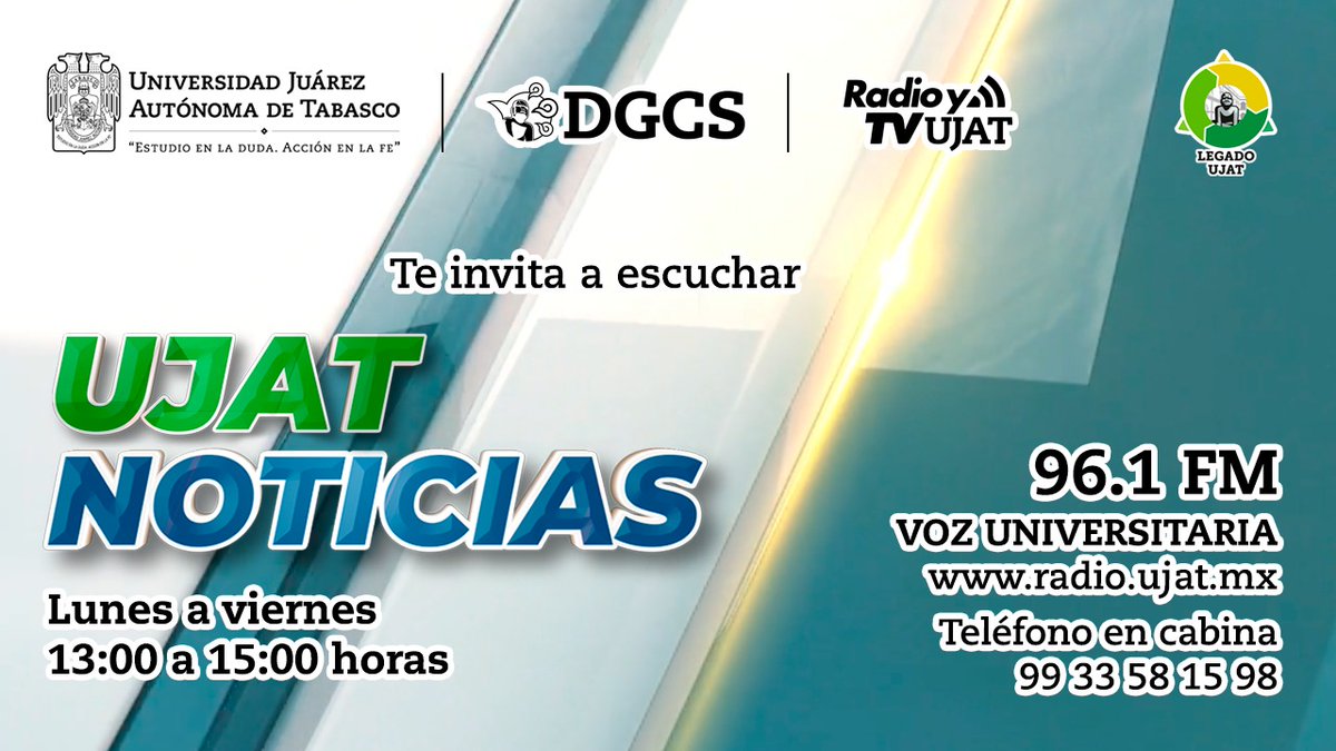 🎙️📰 Infórmate con UJAT Noticias
📅 Lunes a viernes
⏰ 13:00 a 15:00 horas
📻 96.1 FM | Voz Universitaria
🌐 radio.ujat.mx
📞 Teléfono en cabina: 99 33 58 15 98