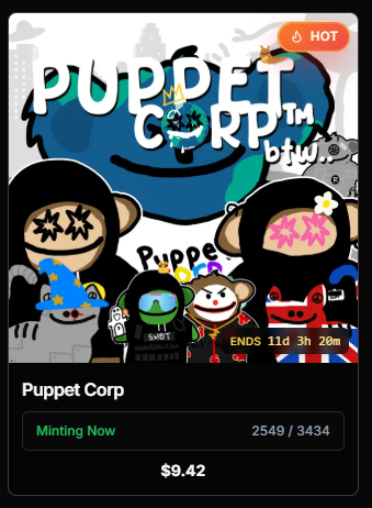 Decentralizd's tweet photo. 11 days until phase 1 of Puppet Corp mint comes to a close and you don't get to mint this set of art btw.

https://t.co/5puxFKCILp https://t.co/OXaGfvC7U4