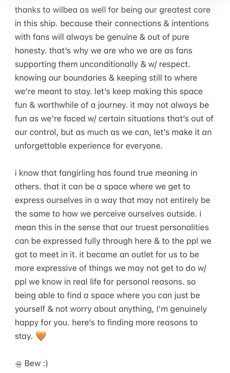 wilbeacrumbs_'s tweet photo. fangirling w/ you is my kind of healing/comfort. thank you for raising the bar. made me realize the kind of magic it does when you’re surrounded w/ kindhearted ppl. never change &amp; always remember to keep &amp; treasure that beautiful heart of yours, it does wonders for others. 🫶 https://t.co/q8nqfFnKjh