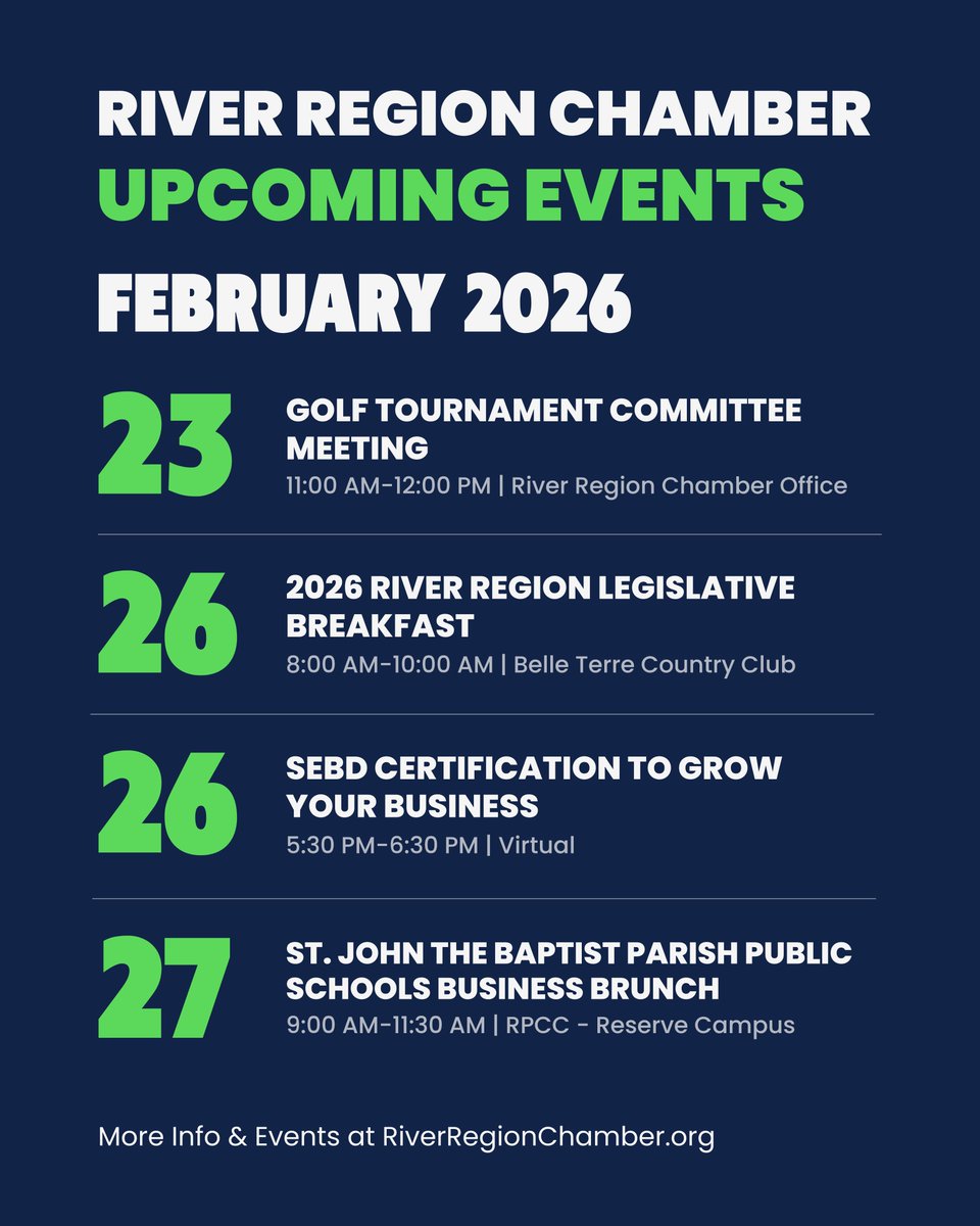 📅 Something's always happening with the River Region Chamber!
Networking, ribbon cuttings, professional development &amp; more.

🆕 New events added weekly — check back often:
👉 business.riverregionchamber.org/calendar

#RiverRegionChamber #ChamberEvents #BusinessCommunity