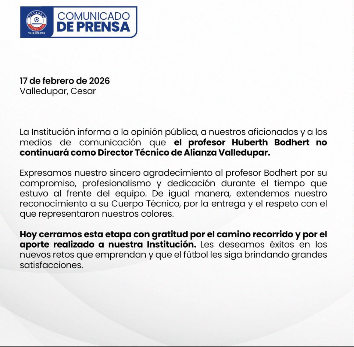 Quinto técnico que cae en el fútbol colombiano. <a href="/AlianzaFc_ofic/">Alianza Valledupar F.C.</a> confirmó, en un comunicado de prensa, la salida del profesor Huberth Bodhert. Alianza empató 1-1 con <a href="/Cucutaoficial/">Cúcuta Deportivo FC</a> El equipo vallenato suma tres empates y tres derrotas en la campaña 2026.