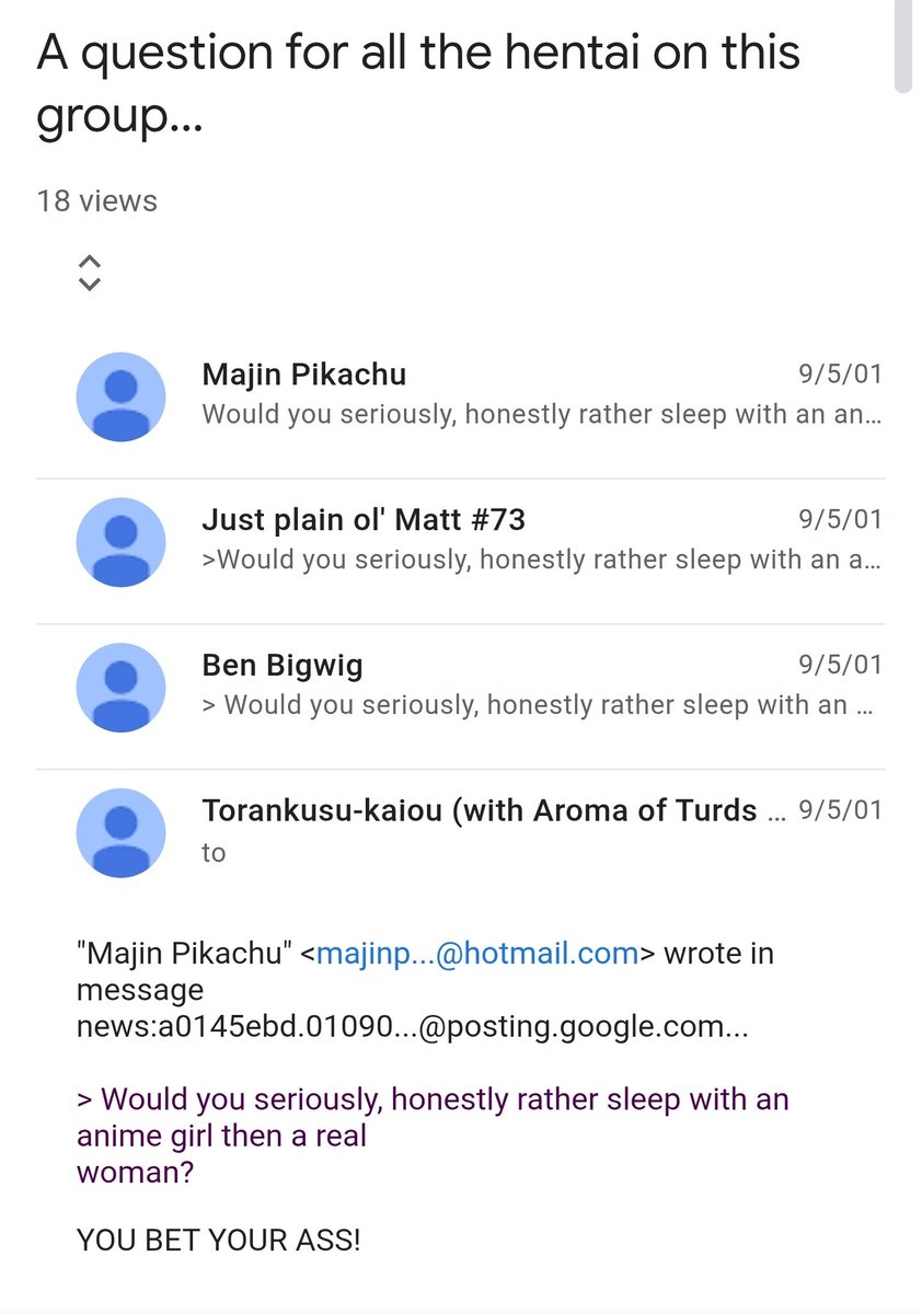 thinking about the dudes who were discussing gooning to hentai on the dragon ball usenet just a week before 9/11