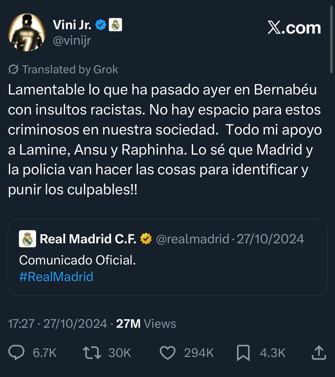 <a href="/JeffFcb14/">Jeff</a> Literalmente el Madrid sacó un comunicado diciendo que expulsarían a los aficionados del estadio y el propio Vinicius lo condenó