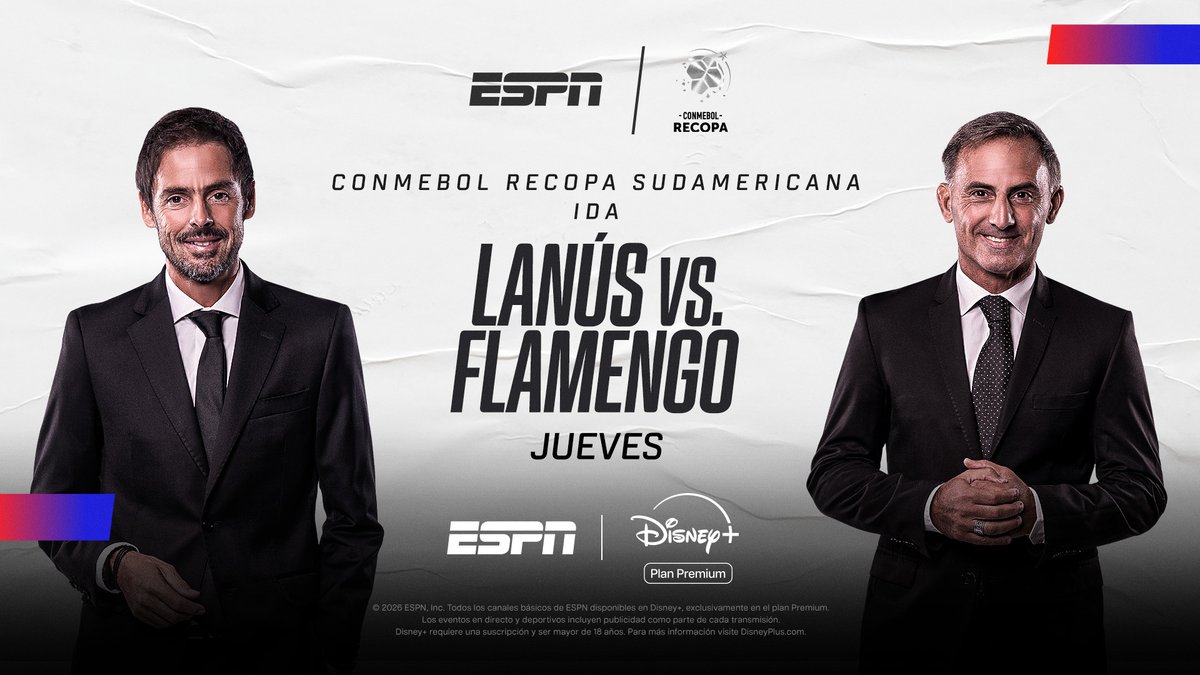 🚨 #ADELANTO | Mariano Closs y Diego Latorre estarán al frente de la transmisión de la #Recopa entre Lanús 🇦🇷 y Flamengo 🇧🇷 por ESPN y Disney+.

⚽️ La ida se jugará este jueves 19 de febrero, mientras que el partido de vuelta será el próximo jueves 26.