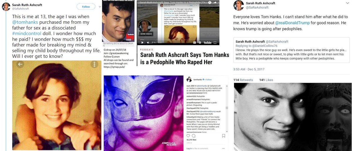 ⁉️WHERE'S TOM HANKS⁉️

on 7/23/2018 - Sarah Ruth Ashcraft tweeted the following:

👉“This is me at 13, the age I was when Tom Hanks purchased me from my father for sex as a Dissociative Mind Control Doll. I wonder how much he paid? I wonder how much $$$ my father made for
