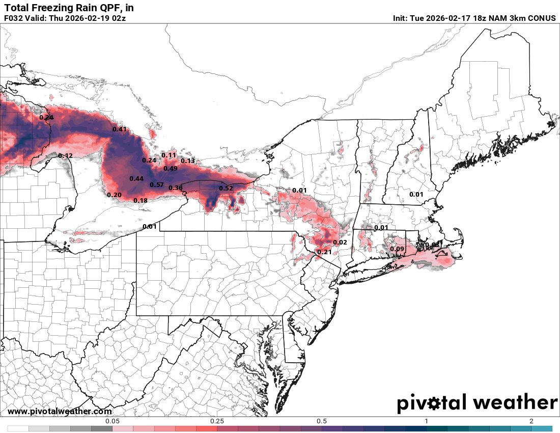 TropicScope's tweet photo. Evening run of the N3K shows a fun picture for a large chunk of SW #Ontario and portions of the #GTA , FRAM is significantly lower for the #GTA but I wouldn't rule on Freezing Rain totals being that low if it sets up as the NAM modelled and a spread of 5-10mm+ of ice for #Halton+ https://t.co/8Johy0gI52