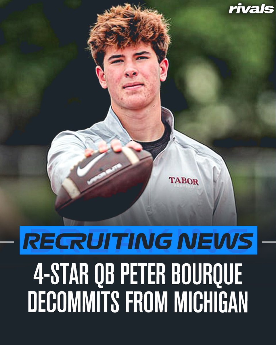 Rivals's tweet image. 🚨BREAKING🚨 4-star QB Peter Bourque has decommitted from Michigan, @Hayesfawcett3 reports.

Read: on3.com/rivals/news/4-…