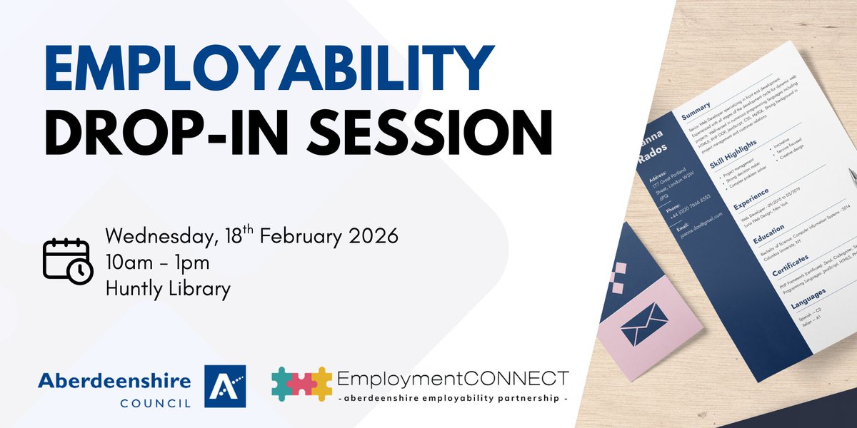 Abshire_EST's tweet photo. 📢Our Employability Drop-in Session is on today from 10am - 1pm in #Huntly Library.

No registration needed! Just drop in and let’s talk about how we can support you with your #employability journey.

📍Huntly Library, First Floor Brander Building, The Square, Huntly, AB54 8BR https://t.co/Vsw3tjY8KQ