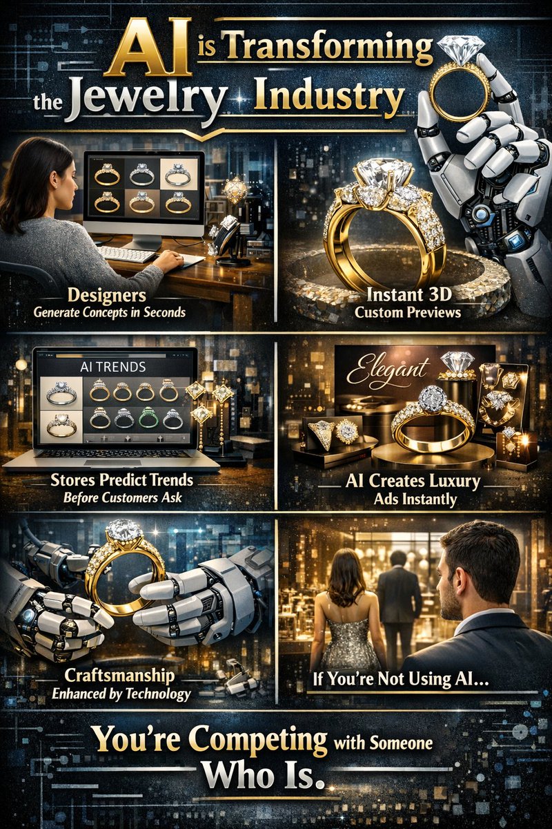 AI is quietly transforming the jewelry industry. 💎🤖

Designers generate ring concepts in seconds.
Brands offer instant 3D custom previews.
Stores predict trends before customers ask.
Marketing teams create luxury ads without photoshoots.

Craftsmanship isn’t being replaced.
It