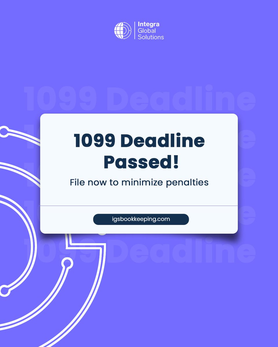 ⏰ Late 1099s = IRS penalties. Missed Jan 31? Every day counts.

📄 We handle 1099-NEC &amp; 1099-MISC filing — fast, accurate, and compliant.
💵 Fixed pricing. ⚠️ Reduce penalty risk.
🔗 igsbookkeeping.com

#1099Compliance #IRSCompliance #TaxSeason #AccountingFirms