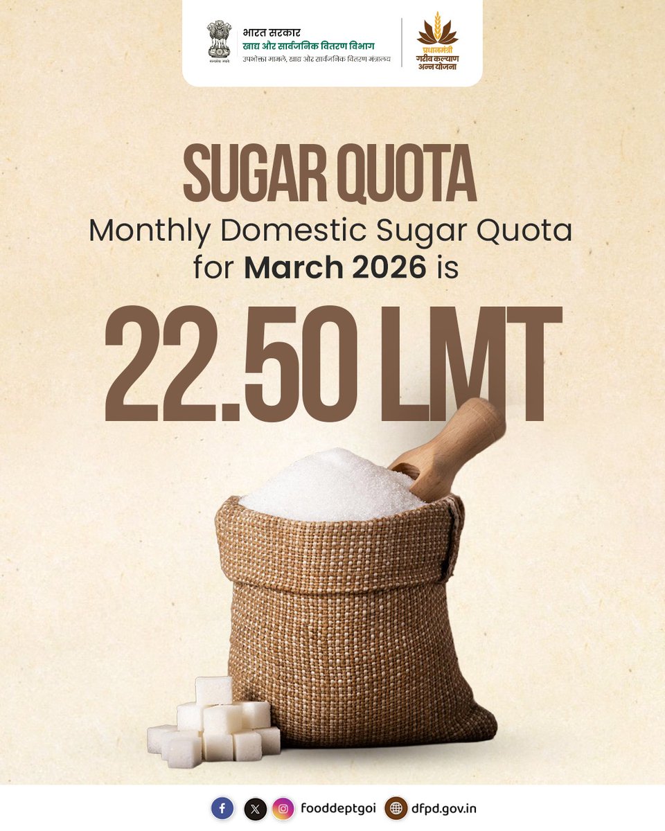 Monthly domestic Sugar Quota for March 2026 has been set at 22.50 LMT, effective from 1st March 2026.

#SugarQuota #FoodSecurity #DFPD