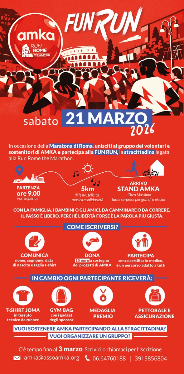 Suggeriamo iniziative!
In occasione della maratona di #Roma #AMKAOnlus organizza la FUN RUN.
Appuntamento per sabato 21 marzo alle ore 9,00 presso i Fori Imperiali.
#Eventi solidali by xlestrade.org/eventi/