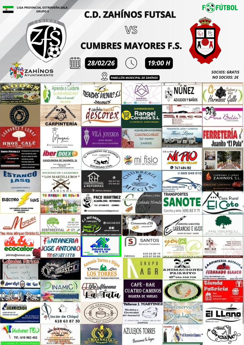 ➡️ JORNADA 15 DE LIGA ⚽

C.D. Zahínos Futsal 🆚 Cumbres Mayores F.S.

🗓️ Sábado 28 de Febrero.
🕕 19:00 horas.
📍 Pabellón Municipal de Zahínos.
💳 Socios: Gratis, No Socios: 2€.

#unidosporunailusión