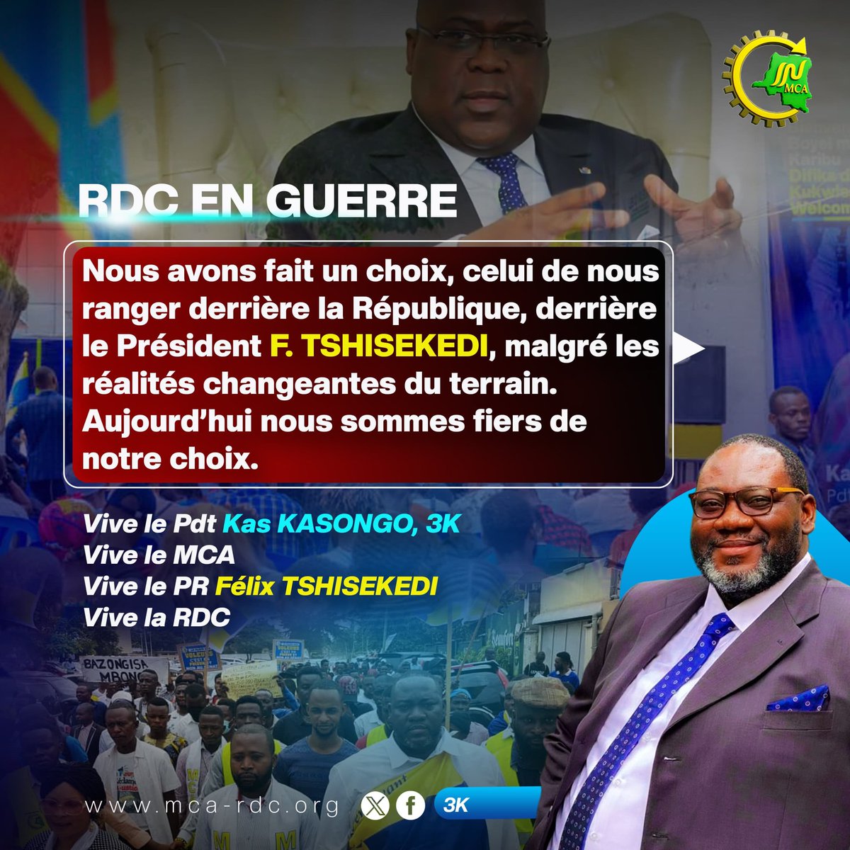 RDC EN GUERRE
Nous avons fait un choix, celui de nous ranger derrière la République, derrière le Président F. <a href="/fatshi13/">Félix A. Tshisekedi</a> <a href="/FelixUdps/">Felix Tshisekedi - UDPS</a>, malgré les réalités changeantes du terrain. Aujourd'hui nous sommes fiers de notre choix.
Nous sommes les boosteurs du MCA.