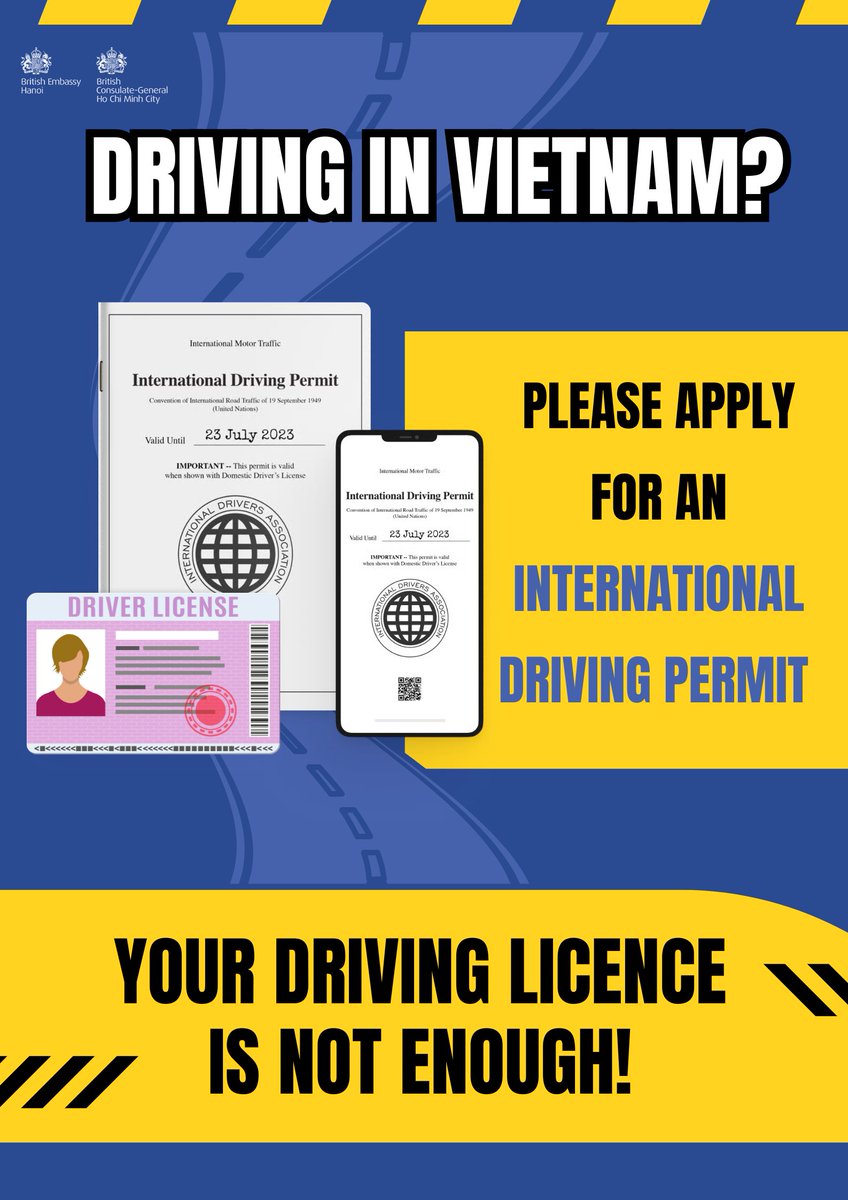 UKinVietnam's tweet photo. #ConsularWednesday #doUKnow In order to drive in Viet Nam as a British National, you need an International Driving Permit (IDP), and this can only be applied for in the UK before you arrive here.
To drive legally in Viet Nam, you will need both your driving licence and an IDP. https://t.co/oj87DCgyIN