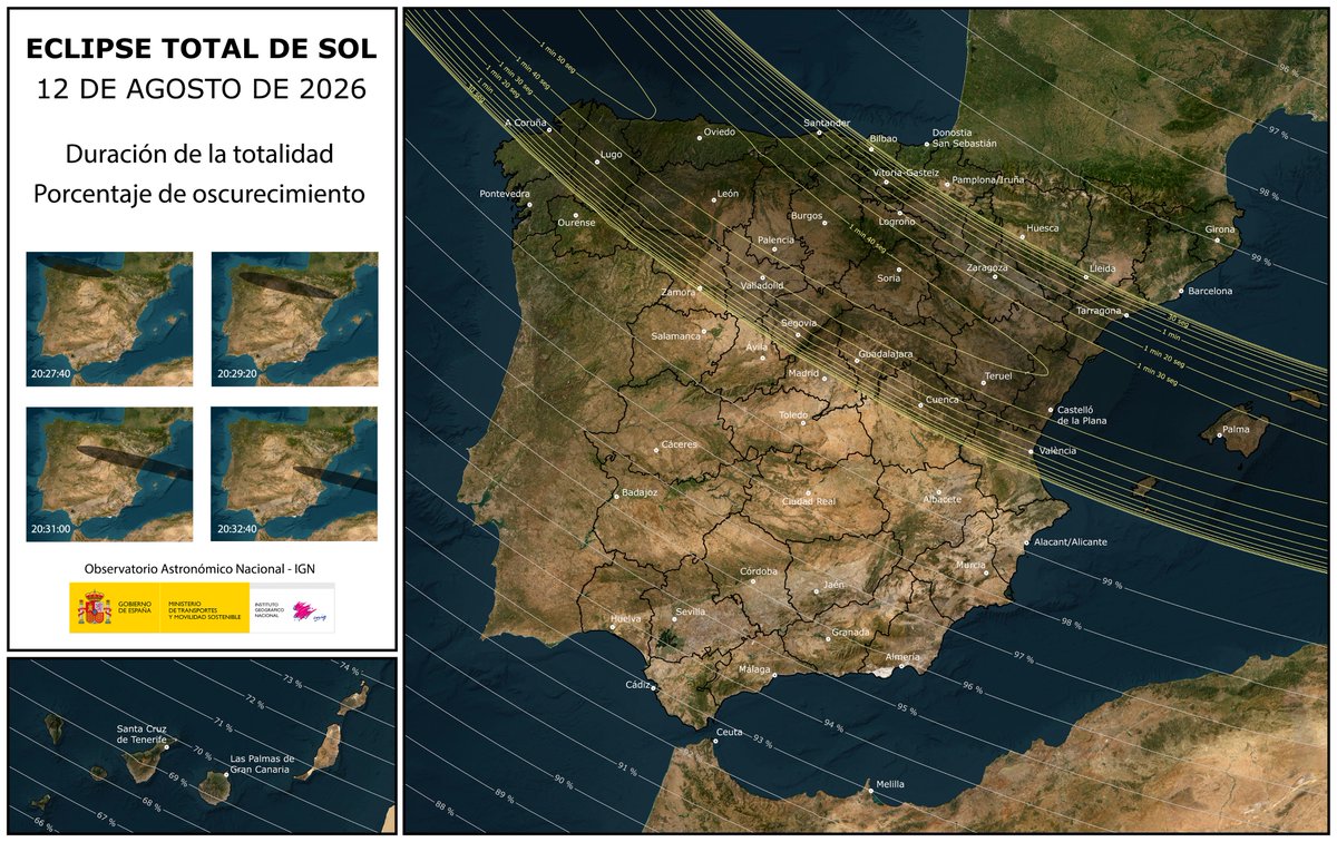 🌒 12 de agosto de 2026

#Cantabria estará 100% dentro de la franja de totalidad del #EclipseSolar2026

🕢 19:31 inicio parcial
🌑 20:26 totalidad
⏳ Casi 2 min 
🌅 Con el sol muy bajo: efecto “doble anochecer”

Busca horizonte despejado hacia el O/NO

Planifica con tiempo 😉❤️💢