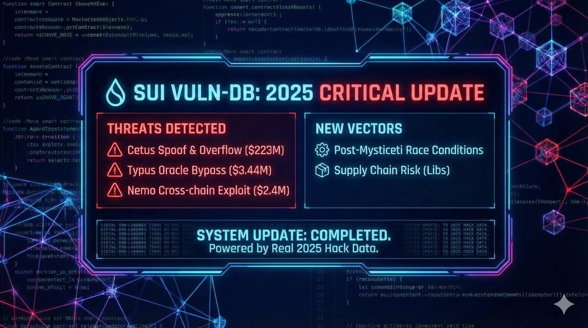 feat(vuln-db): Update Sui vuln database với cross-chain exploits, race conditions &amp; spoofing attacks!

Thêm mới:
- Cetus Spoof Token + Liquidity Overflow ($223M drain 2025)
- Typus Oracle Authority Bypass ($3.44M arbitrary price manip)
- Nemo Economic Logic Exploit ($2.4M
