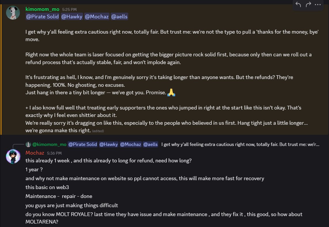 1 week still not refund by MOLTARENA (scam) ⛔️

They keep give promise to player.
If the website have problem just do maintenance like a <a href="/MoltyRoyale/">MoltyRoyale</a> before.
But MoltArena like a snowball that keeps getting bigger scam 

<a href="/CROSS_gamechain/">CROSS</a> <a href="/henrychang10000/">Henry ⚔ CROSS</a> #Cross $Cross