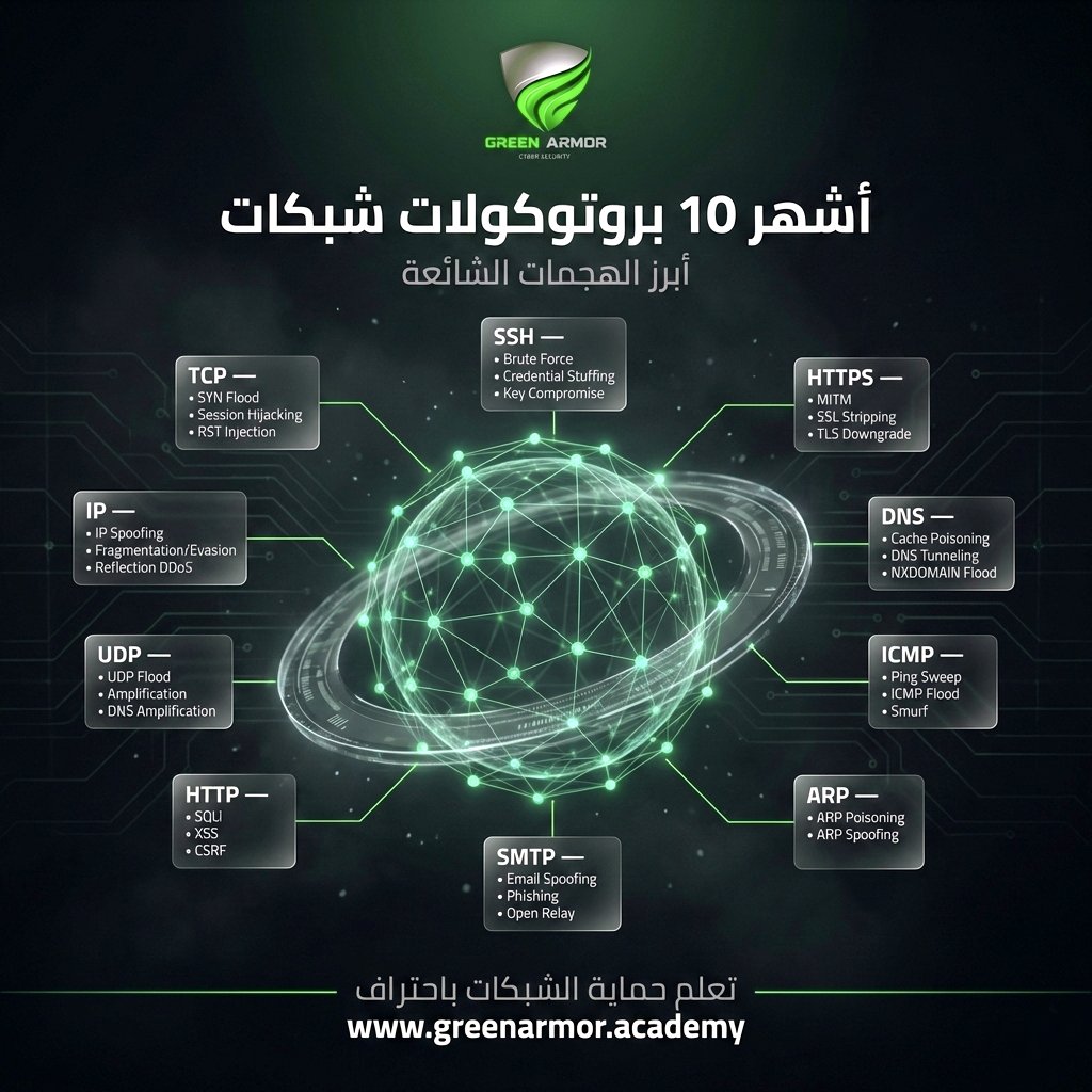 🛡️ أشهر 10 بروتوكولات شبكات يجب على كل مختص أمن سيبراني معرفتها 🕸️..

1️⃣ بروتوكول TCP:
البروتوكول الأساسي لإنشاء اتصالات موثوقة ومنظمة. يضمن تسليم البيانات بالترتيب الصحيح وإعادة الإرسال عند الفقدان.  
✅ أبرز الهجمات: SYN Flood, Session Hijacking, RST Injection.

2️⃣ بروتوكول IP: