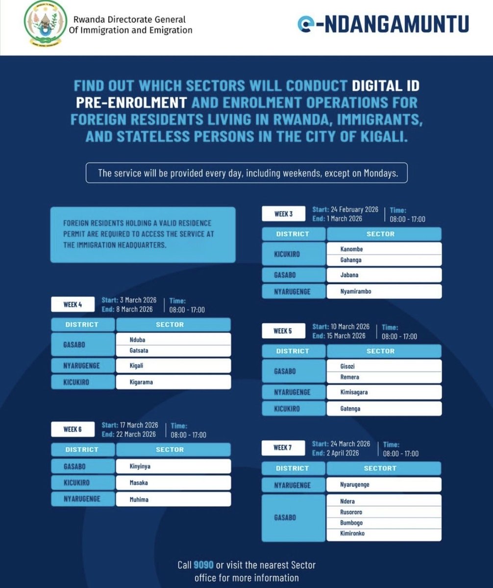The <a href="/Rwandamigration/">Immigration | Rwanda</a> informs foreigners residing in Rwanda that the Pre-Enrolment and Enrolment for the issuance of new Digital ID has reached Kigali and is taking place at the <a href="/Rwandamigration/">Immigration | Rwanda</a> Headquarters at Kacyiru and the following sectors #eNdangamuntu