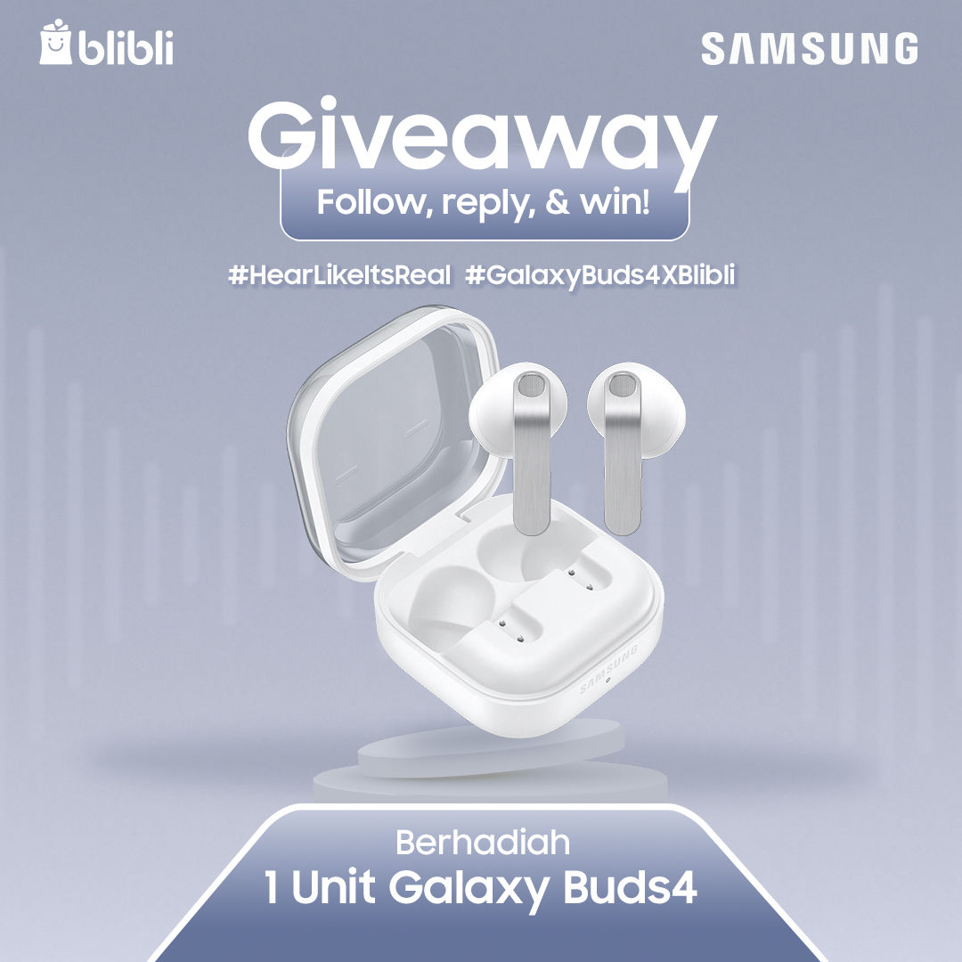 GIVEAWAY SAMSUNG GALAXY BUDS4🙌

Ikuti caranya:
- FOLLOW <a href="/samsungID/">Samsung Indonesia</a> dan <a href="/bliblidotcom/">Blibli</a> 
- REPLY sebanyak-banyaknya " Suka banget sama fitur HiFi sound quality dari #GalaxyBuds4, desain barunya sleek banget, bikin denger lagu jadi se-real itu! 🤩 #HearLikeItsReal