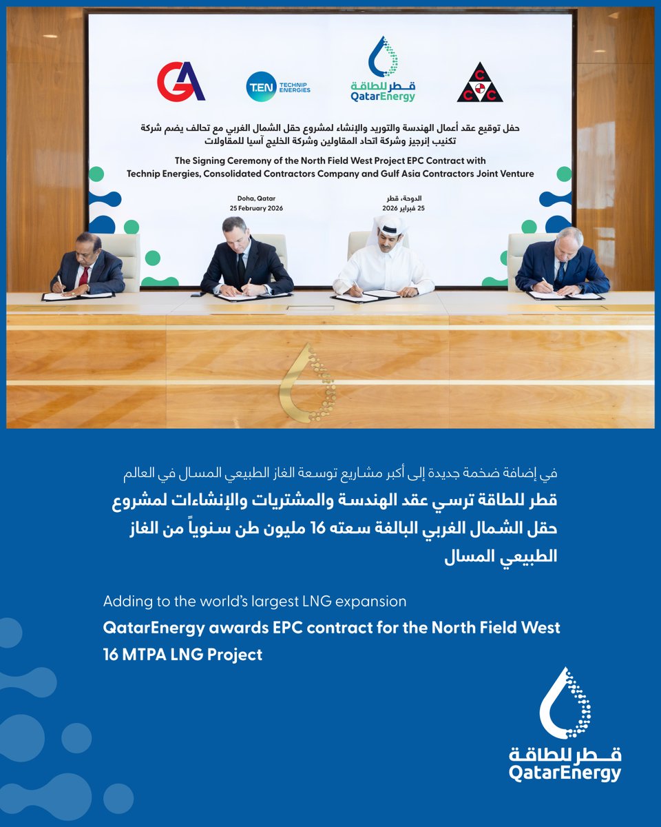 qatarenergy's tweet photo. Adding to the world’s largest LNG expansion
QatarEnergy awards EPC contract for the North Field West 16 MTPA LNG Project
#QatarEnergy #YourEnergyTransitionPartner #Qatar https://t.co/1A889BzRQ5