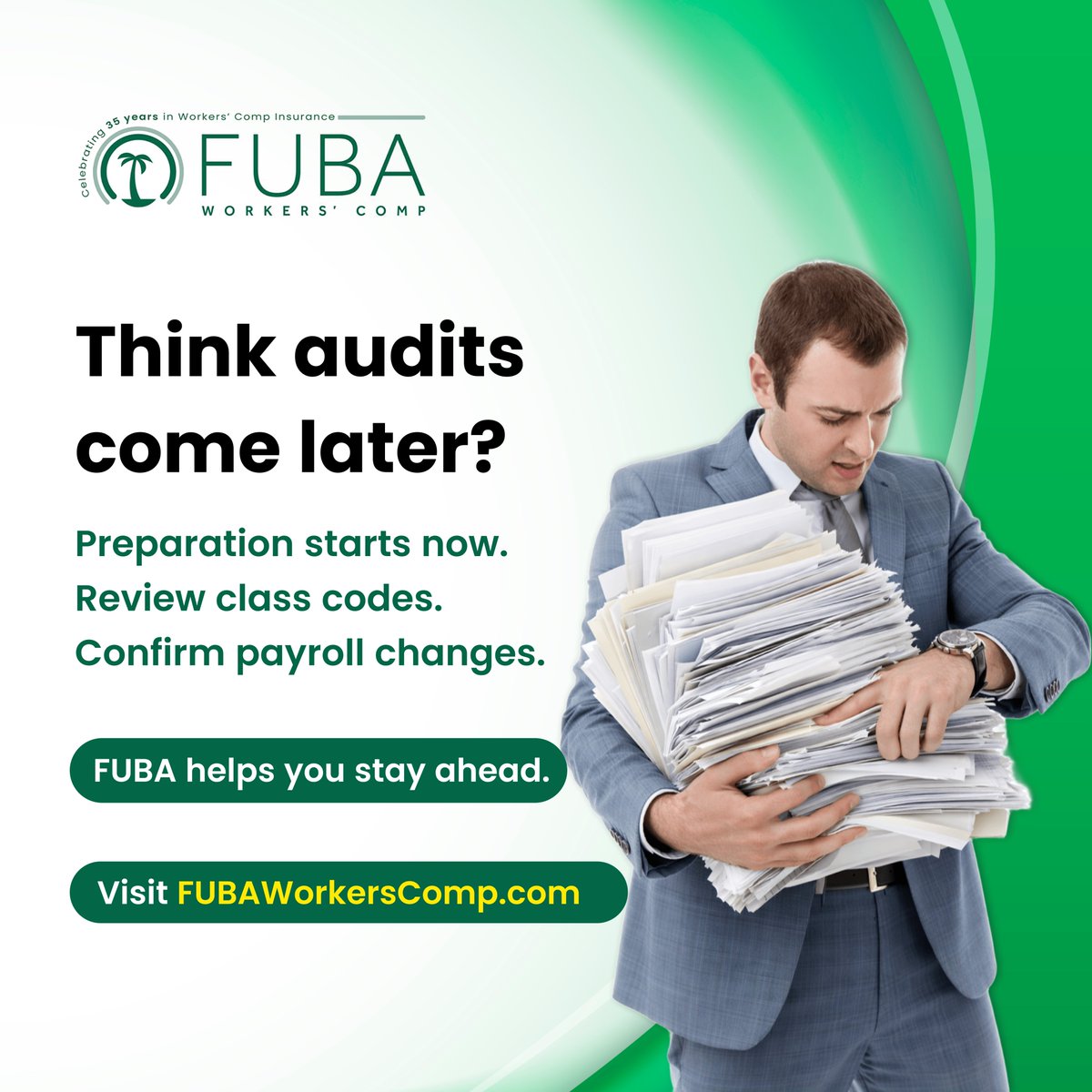 FUBAWorkersComp's tweet photo. Agents who prepare early protect their clients  from audit surprises. FUBA helps you spot  issues before they cost time or money. Get proactive at https://t.co/jyGUnoZxhK.

#FUBAWorkersComp #FloridaWorkersComp #WorkersComp #InsuranceAgents #SmallBusinesses #Contractor https://t.co/cGqUOwvH2J