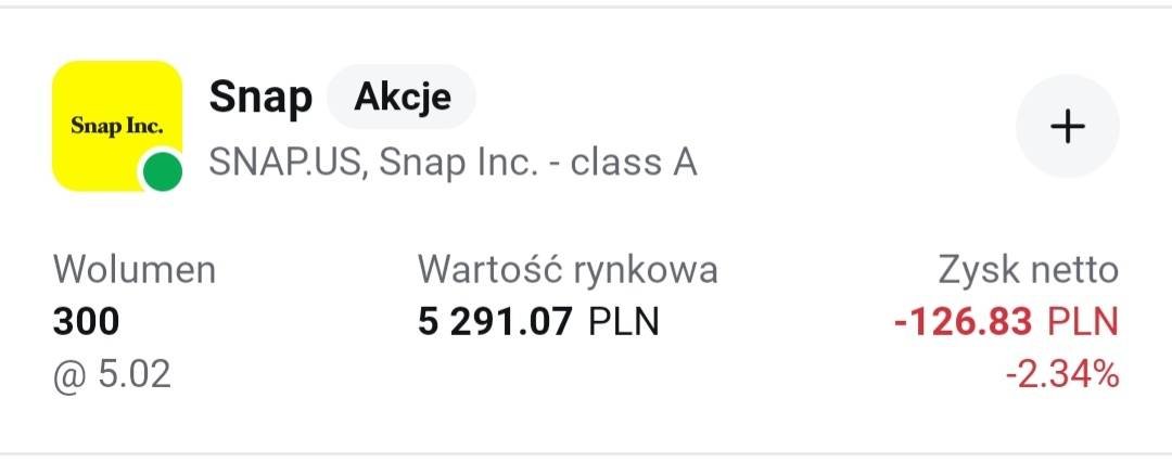 Pierwszy zakup akcji w tym roku $SNAP x 5$
Snapchat wygląda źle, w papierach wygląda też średnio, ale dalej jest w top używanych apek w USA. 

Kupione i czekamy. Docelowo będę chciał mieć 500 akcji, historia zdecyduje jak będą wyglądać dalsze zakupy