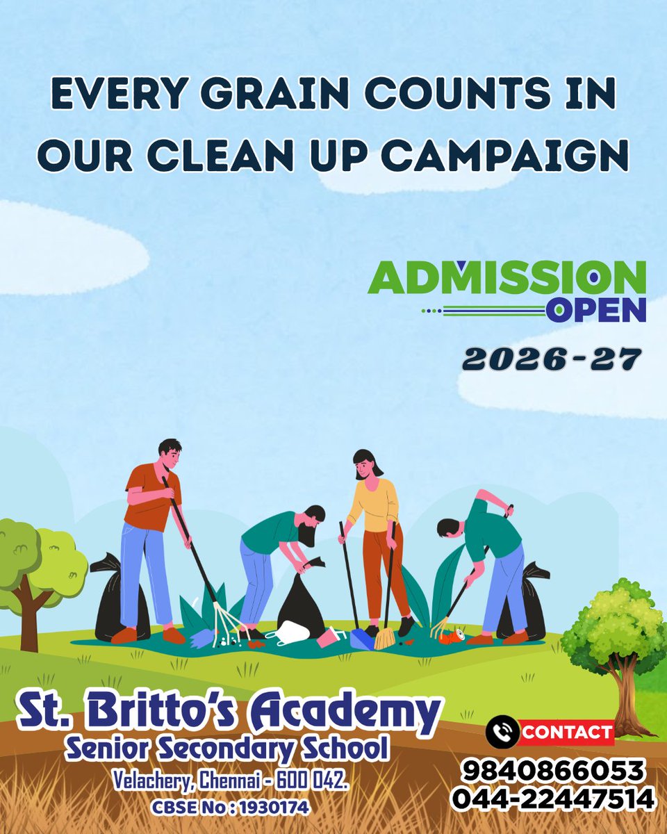 AcademyBri38517's tweet image. Every Grain Counts in Our Clean-Up Campaign 🌱Admissions Open 2026–27
Join St. Britto’s Academy, Velachery, Chennai.📞 9840866053 | 044-22447514
CBSE Affiliation No: 1930174#AdmissionsOpen #CleanUpDrive #CBSE #Chennai #Velachery