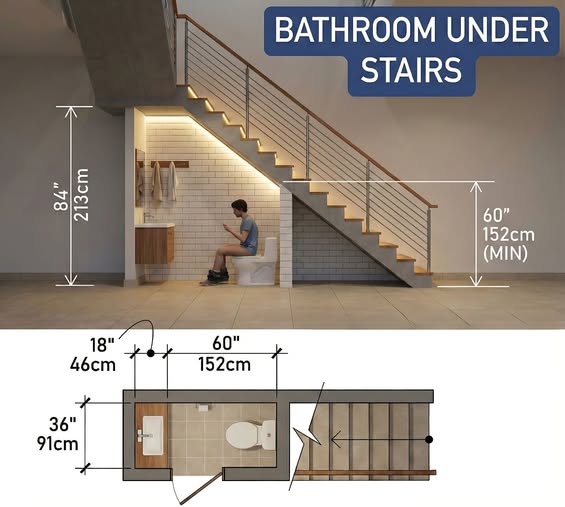 varunsh377's tweet photo. Smart under-stair bathroom design 🧠🚿
3D + 2D planning demonstrates how slope, clearances &amp; fixture placement transform dead space into a code-compliant half bath. Measure first, design smarter.

#bathroomdesign #understairbathroom #bathroom #spaceoptimization #smartinteriors https://t.co/qi9k60ntNI
