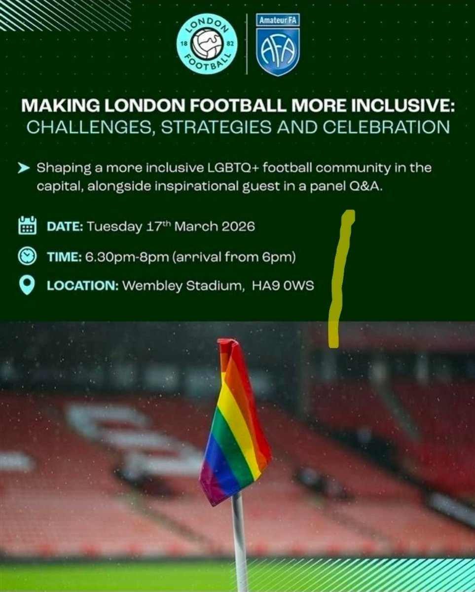 𝐌𝐚𝐤𝐢𝐧𝐠 𝐋𝐨𝐧𝐝𝐨𝐧 𝐅𝐨𝐨𝐭𝐛𝐚𝐥𝐥 𝐌𝐨𝐫𝐞 𝐈𝐧𝐜𝐥𝐮𝐬𝐢𝐯𝐞

Join <a href="/AmateurFA/">Amateur FA ⚽️</a> &amp; <a href="/LondonFA/">London Football</a> for an event tackling challenges, sharing strategies &amp; celebrating LGBTQ+ diversity in football.

📆 Tuesday 17 March
🕑 6pm-8pm
📍 Wembley  

Register 👉 buff.ly/BgSmkkK