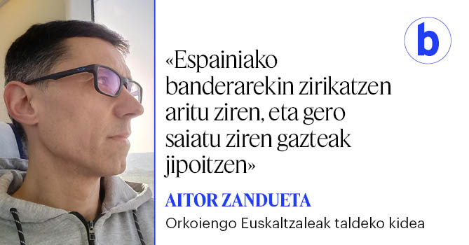 berria's tweet photo. Orkoiengo Euskaltzaleak taldeko kidea da Aitor Zandueta. Uste du  euskaldunen aurkako larunbateko erasoa «oldarraldi erreakzionario eta faxista» baten parte  dela, eta kezka agertu du, halakoak ez ote diren gehiagotan  errepikatuko.
https://t.co/RgZGn83vyk https://t.co/IW8KawLFCw