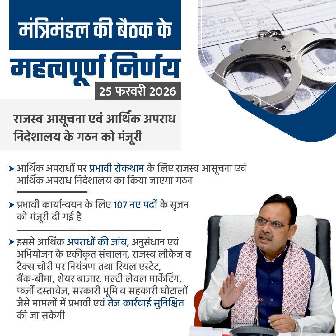 आज राज्य मंत्रिमंडल की बैठक में आर्थिक अपराधों पर प्रभावी रोकथाम एवं त्वरित कार्रवाई के लिए राजस्व आसूचना एवं आर्थिक अपराध निदेशालय के गठन का निर्णय किया गया। 

#आपणो_अग्रणी_राजस्थान 
#CabinetDecision