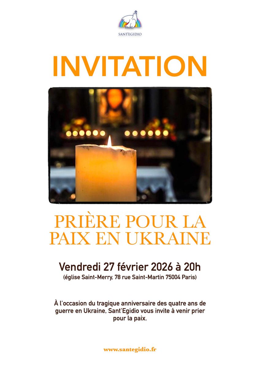 À l'occasion du tragique anniversaire des quatre ans de guerre en #Ukraine, nous vous invitons à venir #prier pour la #paix vendredi 27 février 2026 à 20h dans l'église Saint-Merry (78, rue Saint-Martin 75004 Paris).