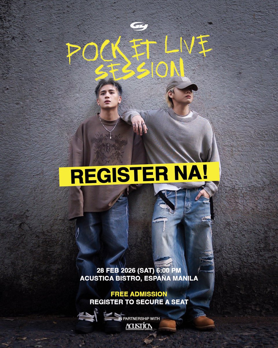 tara! register na → forms.gle/n5MjcQnQ5grz5Z…

GY pocket live session
feb. 28 (6pm)
acustica by dantes, manila