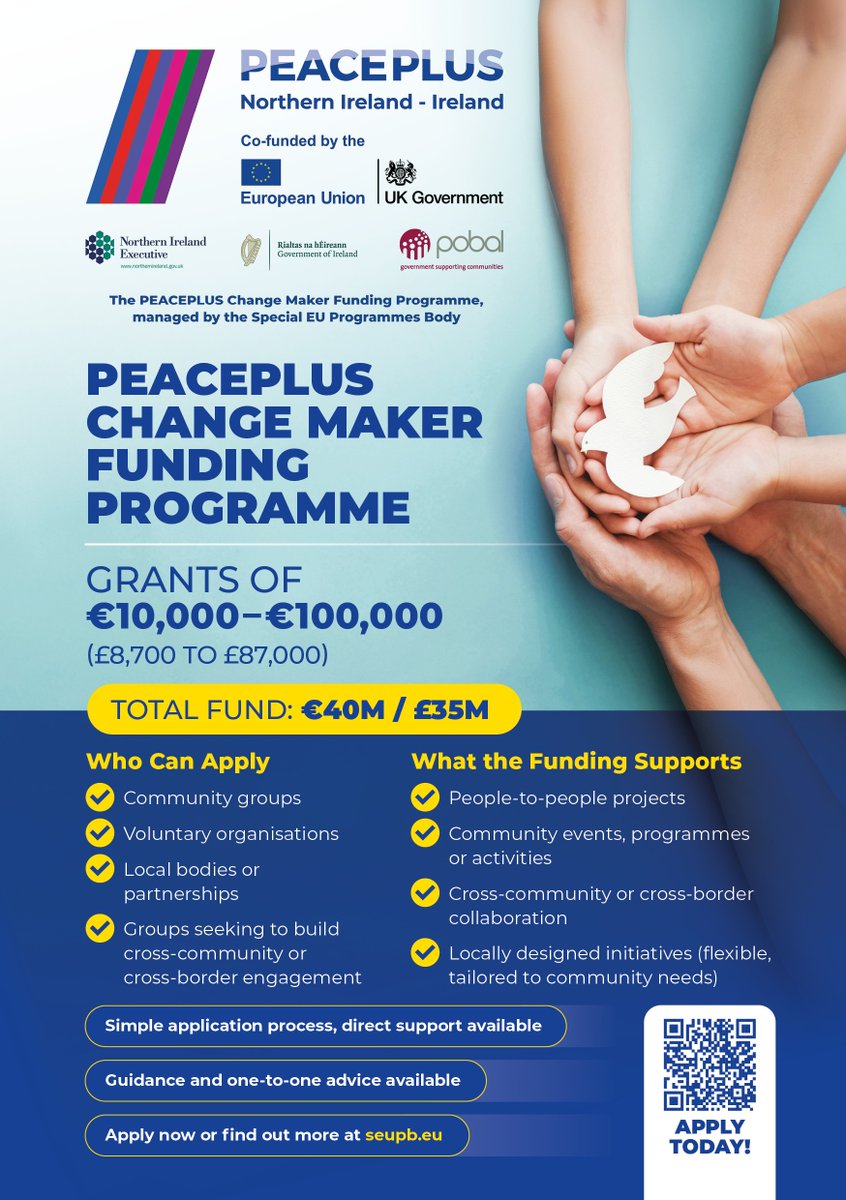 SEUPB's tweet photo. 📢 Funding totalling €40million has been allocated for cross-community and cross-border projects through the #PEACEPLUS Change Maker Funding Programme.
⏰ The first round of general funding is open until 30 June 2026.
The programme is providing grants of up to €100,000 for each project, supporting people-to-people projects that encourage cross-community and cross-border cooperation.
More 👉: https://t.co/LAAf0qRti4
#PEACEPLUSChangeMakers #CrossBorder #CrossCommunity