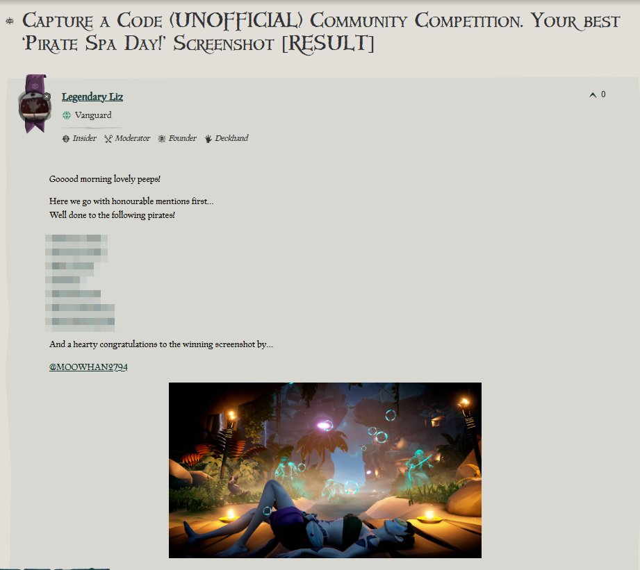 SHiNNAMON236's tweet photo. 25/02/2026
Finally,
Capture a Code โPirate Spa Day!โ Screenshot๐
Thank you all!
#CaptureACode
#SeaOfThieves @SeaOfThieves https://t.co/7mqytHUrzY