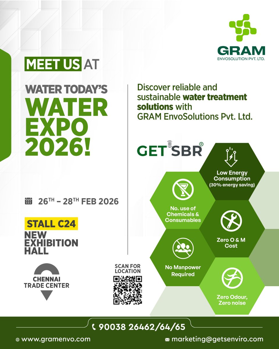 GramEnvo's tweet photo. GRAM EnvoSolutions Pvt. Ltd. is proud to participate in Water Today’s Water Expo 2026.
📅 26–28 Feb 2026
📍 Chennai Trade Center
🏢 Stall C24 | New Exhibition Hall

#WaterTodaysWaterExpo #WaterExpo2026 #ChennaiTradeCenter #WaterConference #Expo2026 #GRAMEnvoSolutions https://t.co/zRZKNcTBDo